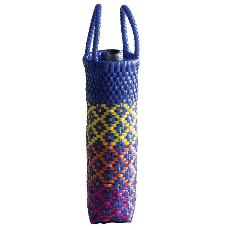 Woven Recycled Plastic Wine Tote - Blue Diamonds